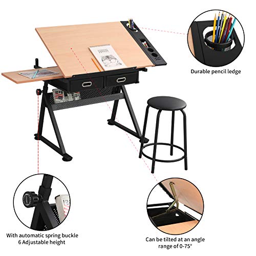 Waful Drafting Drawing Art Table Desk with Tiltable Tabletop and Storage Drawers