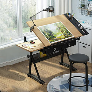 VejiA Adjustable Drawing Table with Tiltable Tabletop, 2 Storage Drawers, Stool - Art Desk Drafting Table for Home and Office Use