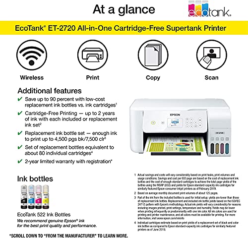 Epson EcoTank ET 2720 Series All-in-One Supertank Inkjet Printer for Cartridge-Free Home Printing, Wireless, Scan, Print, Copy - U Deal