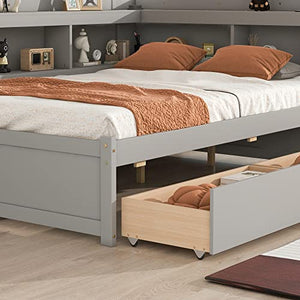 BQXDJT Full Size Wood Floor Bed with L-Shaped Bookcases and Storage Drawers - Grey