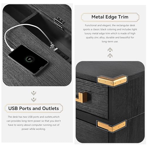 Merax Executive Writing Desk with File Drawers, USB Ports, Outlets, Hidden Compartment - 70" Black+Gold