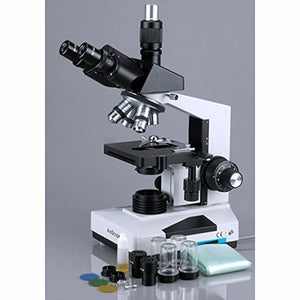 AmScope T490A-5M Digital Compound Trinocular Microscope, WF10x and WF16x Eyepieces, 40X-1600X Magnification, Brightfield, Halogen Illumination, Abbe Condenser, Double-Layer Mechanical Stage, Sliding Head, High-Resolution Optics, Includes 5MP Camera with R