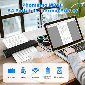 Phomemo M08F Portable Printer, 2022 Upgrade Lightweight and Compact Mobile Printer, Wireless Printer for Travel + 200 Sheets 8.26"x11.69" A4 Quick Drying Thermal Paper, Compatible with Phone & Laptop