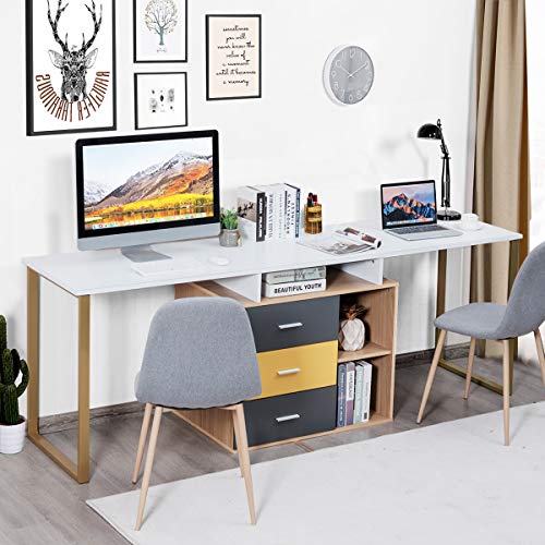 Tangkula 87 inch 2-Person Desk Double Computer Desk, Multifunction L-Shaped Desk w/ 3 Storage Drawers & 2-Tier Shelves, Writing Desk Computer Workstation with Spacious Desktop, Home Office Desk