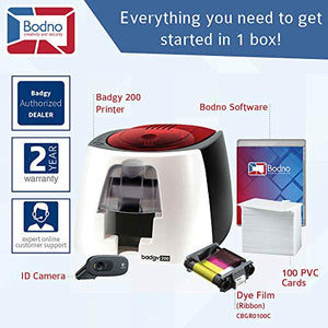 Badgy200 Color Plastic ID Card Printer with Complete Supplies Package with Photo ID Camera & Bodno ID Software - Silver Edition