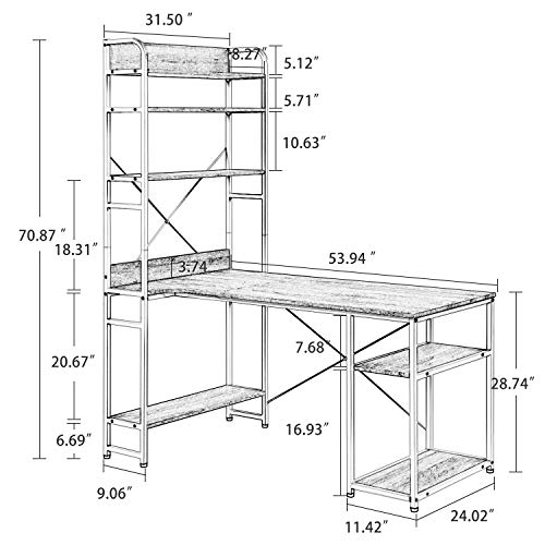 54" Reversible Large Computer Desk with 8 Storage Shelves, Office Desk Study Table Writing Desk Workstation with Hutch Bookshelf for Home Office, Black