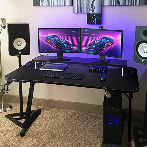 Greesum Gaming Desk, 44 Inch Home Office Computer Table, Z Shaped Gamer Workstation Fiber Surface Cup Holder & Headphone Hook, Carbon Black