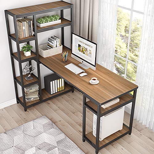 Tribesigns 67" Reversible Large Computer Desk with 9 Storage Shelves, Office Desk Study Table Writing Desk Workstation with Hutch Bookshelf for Home Office, Oak