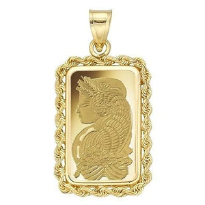 IROLD Solid 14K Yellow Gold Rope Design Coin Frame Necklace 1-2.5-5 Gram, 22 Inches