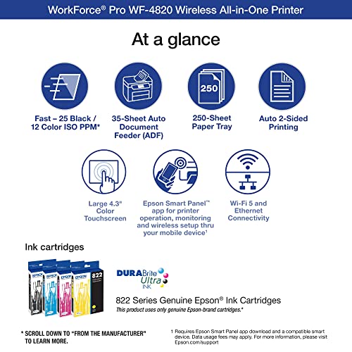 Epson Workforce Pro WF 4820 Wireless All-in-One Color Inkjet Printer, Black - Print Scan Copy Fax - 25 ppm, 4800 x 2400 dpi, 8.5 x 47.2, Auto 2-Sided Printing, 35-Sheet ADF, Bluetooth, Ethernet, USB