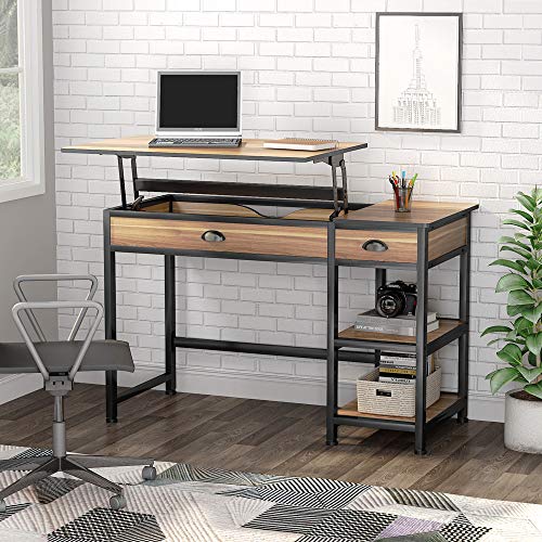 Lift Top Desk with Drawers, 47 inch Computer Desk with Shelves, Height Adjustable Standing Desk with Monitor Riser, Study Table Writing Desk for Home Office (Oak)