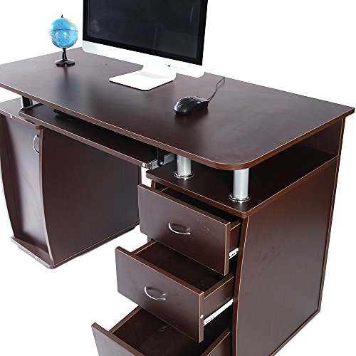 45" Home Office Computer Desk - Wood Computer Workstation with 1 Door, 3 Drawers and Keyboard Tray PC Laptop Desk Professional Study Table (Coffee)