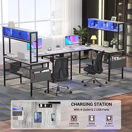 Unikito L Shaped Computer Desk with LED Strip, Power Outlets, Storage Shelves, Bag, USB Port - White Oak