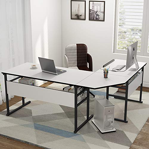 Tribesigns L-Shaped Computer Desk with Storage Shelves, Large Corner Computer Desk Study Writing Workstation Drafting Table with Bookshelf and Tiltable Drawing Board for Home Office (White, 67 in)