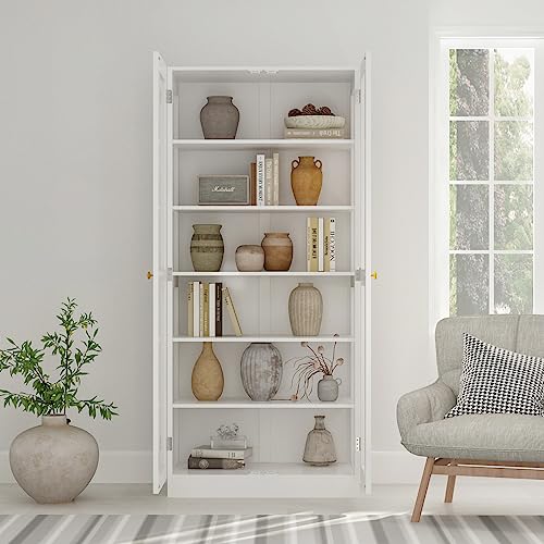 Homsee Tall 6-Tier Bookcase Bookshelf with Glass Doors, White - 31.5”L x 15.7”W x 70.9”H