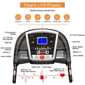 Famistar Treadmill with 15% Auto Incline for Home, Smart Shock-Absorbing System 300LB Weight-Capacity 12 Programs Running Machine, Easy Assembly&Space Saving for Home Office Workout