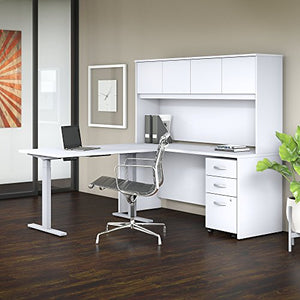 Studio C 72W x 24D L Shaped Desk with Hutch, 48W Height Adjustable Return and Storage in White