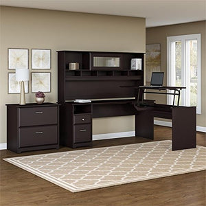 Bush Furniture Cabot 72W 3 Position L Shaped Sit to Stand Desk with Hutch and File Cabinet in Espresso Oak