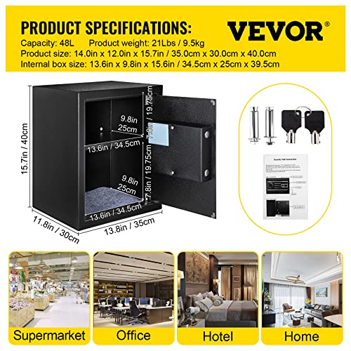 VEVOR Security Safe 1.7 Cubic Feet Electronic Safe with Fingerprint Lock 48L Digital Safe Box with Two Override Keys Fireproof Safe Carbon Steel for Home Hotel Restaurant and Office