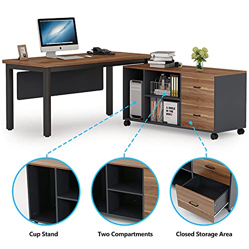Tribesigns L-Shaped Computer Desk with Storage Drawers Cabinet Set, Large Executive Office Desk with Shelves, Industrial Business Furniture Workstation for Home Office, Rustic Walnut