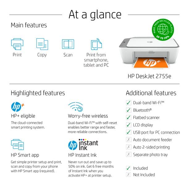 HP DeskJet 2755e Wireless Color All-in-One Printer, Print Scan Copy, Wireless Printing, Dual-Band Wi-Fi, LCD Display, 1200X 1200dpi, W/Silmarils Printer Cable