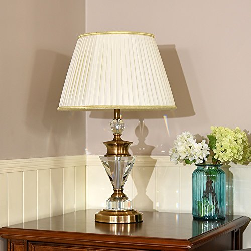 Desk Lamp Full Copper Crystal Table Lamp Retro Living Room Decoration Copper Desk Lamp E27 Study Bedroom Bedside Lamp, Beige/Light Blue Cloth Shade A+ (Color : Beige)