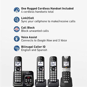 Panasonic Rugged Link2Cell Bluetooth Cordless Phone with Voice Assist, One-Touch Call Block and Answering Machine - 3 Standard Handsets + 1 Rugged Handset - KX-TGD584M2 (Black)
