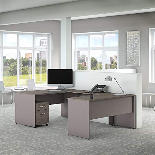Bush Furniture Commerce 60W U Shaped Desk with Mobile File Cabinet in Cocoa and Pewter