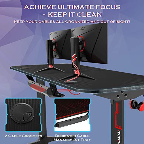 55 Inch Ergonomic Gaming Desk, T-Shaped PC Game Computer Desk Workstation, Home Office Gamer Desk, Professional Gaming Desk with Full Desk Mouse Pad, Cup Holder & Headphone Hook