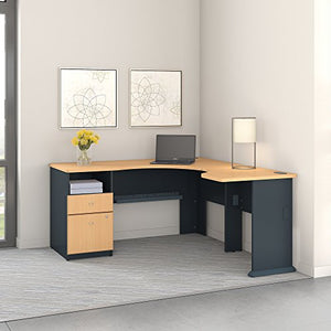 Bush Business Furniture Series A 60W L Shaped Corner Desk with 2 Drawer Pedestal and 30W Bridge in Beech and Slate