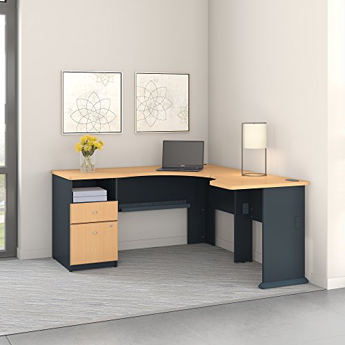 Bush Business Furniture Series A 60W L Shaped Corner Desk with 2 Drawer Pedestal and 30W Bridge in Beech and Slate