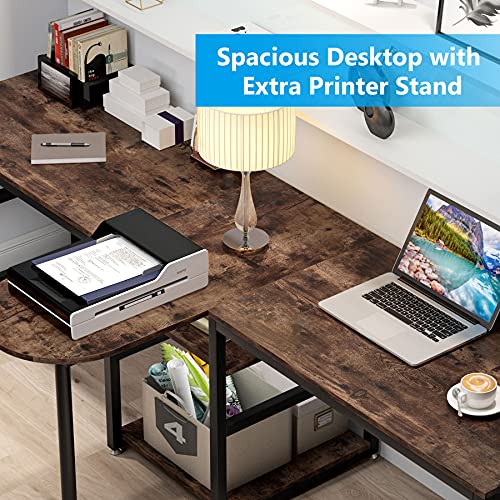 Tribesigns 94.5 inch Two Person Desk with Storage Shelves, Extra Long Computer Desk with Priter Shelf, Double Workstation Office Desk Study Writing Desk with Bookshelf for Home Office (Rustic Brown)