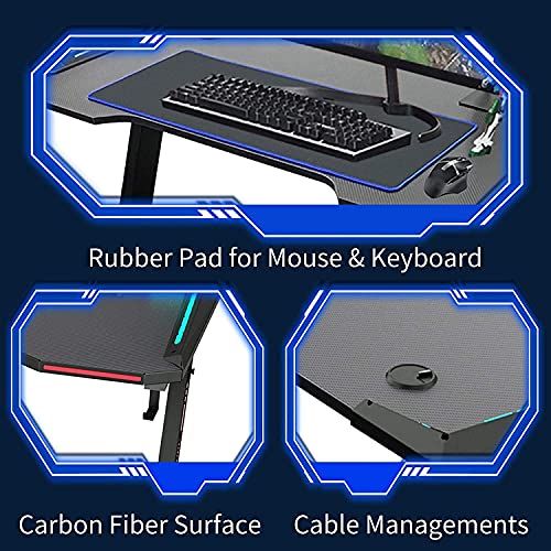 Gaming Desk, Arespark Computer Desk with 7 Mode LED Light, 55" Home Office Desks PC Desk Writing Desk, Gaming Table Workstation, Z-Shaped Computer Gaming Desk & Carbon Fiber Surface