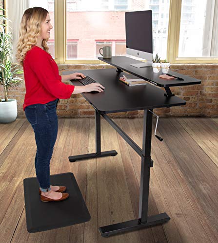 Stand Steady Tranzendesk 55 in Standing Desk with Clamp On Shelf | Crank Height Adjustable Stand Up Workstation with Attachable Monitor Riser | Holds 3 Monitors & Adds Desk Space (55 in/Black)