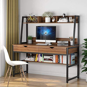 Tribesigns Computer Desk with 2 Drawers, 47 Inches Office Writing Desk with Bookshelf and Hutch, Space Saving Workstation Desk for Home Office (Dark Walnut)