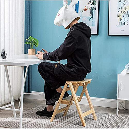 LUCEAE Folding Wooden Step Stool, 3 Steps, Non-Slip Wide Tread, Portable Adult Footstool - Black