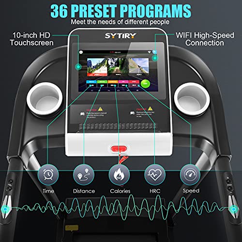 SYTIRY 10"HD Touchscreen Display Folding Treadmill Smart Running Machine with Speakers, Pulse Monitor, Multimedia, WIFI and 36 Preset Programs Easy to Install Cardio Machines for Home & Office Workout