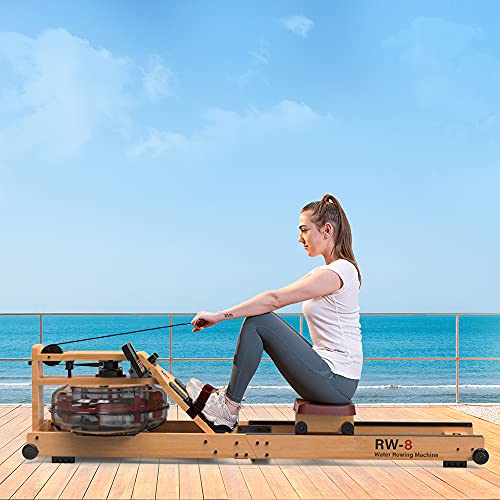 SNODE 2021 Wood Water Rowing Machine with APP, Foldable Rowing Machine for Home Use with LCD Monitor, Water Resistance Wood Rower Indoor Exercise Machine, Soft Seat, Home Fitness Workout (Beech)