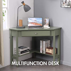 Lipo Corner Desk, 29.7" × 29.7" Home Office Computer Table, Space-Saving Laptop PC Table Writing Study Table with Drawers and Storage Shelf,Green