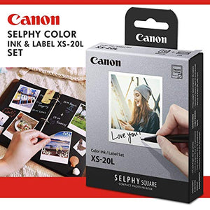 Canon SELPHY Square QX10 Compact Photo Printer (Pink) + Canon SELPHY Color Ink & Label XS-20L Set (20 Sheets),