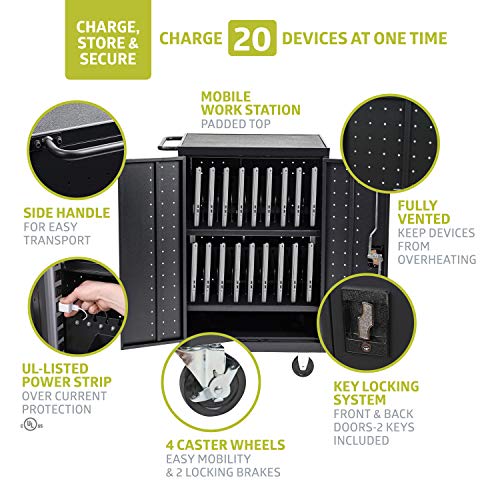 Pearington 20 Device Mobile Charging and Storage Cart for iPads, Chromebooks and Laptop Computers, Up To 17-Inch Screen Size, Surge Protection, Front & Back Access Locking Cabinet, Black