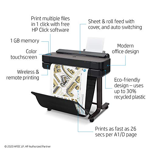 HP DesignJet T650 Large Format Wireless Plotter Printer - 24" (5HB08A), with Multipack and High-Capacity Genuine Ink Cartridges (10 Inks) - Bundle
