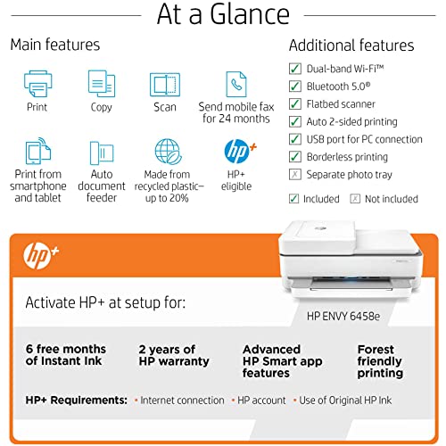 HP Envy 64 58e All-in-One Wireless Color Inkjet Printer, White - Print Copy Scan - 10 ppm, 4800 x 1200 dpi, Auto 2-Sided Printing, 35-Sheet ADF, Dual-Band WiFi, Instant Ink Ready, Cbmou Printer Cable