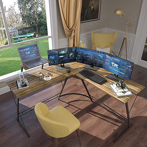 L Shaped Gaming Desk, 51" Home Office Desk with Round Corner Computer Desk with Large Monitor Stand Desk Workstation,Sandalwood
