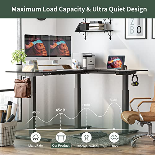 FEZIBO 75" Triple Motor L-Shaped Electric Standing Desk, Height Adjustable, Black Frame/Black Top