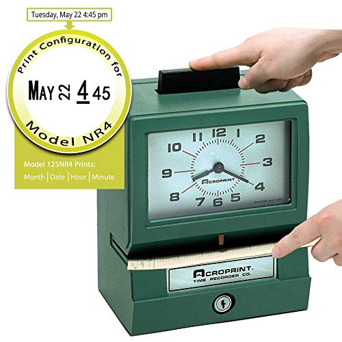 Acroprint 01-1070-411 Model 125NR4 Heavy-Duty Manual Print Time Recorder; Prints Month, Date, Hour and Minutes; Large, Easy-to-read Analog Clock Face; Antimicrobial Touch Bar Helps Protect Against Bacteria