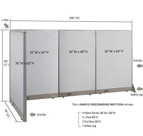 GOF Freestanding L Shaped Office Partition - Large Fabric Room Divider Panel, 36" D x 108" W x 60" H