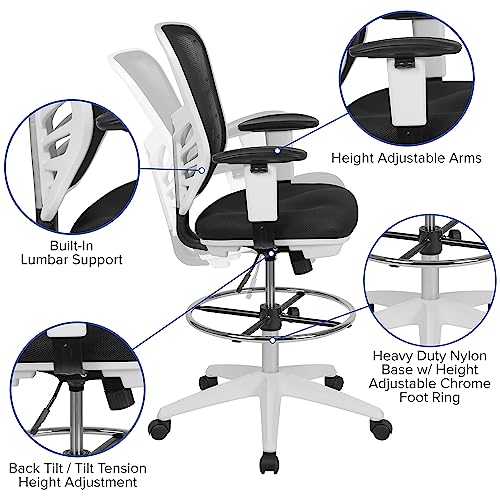 Flash Furniture Tyler Mid-Back Black Mesh Ergonomic Drafting Chair with Adjustable Chrome Foot Ring