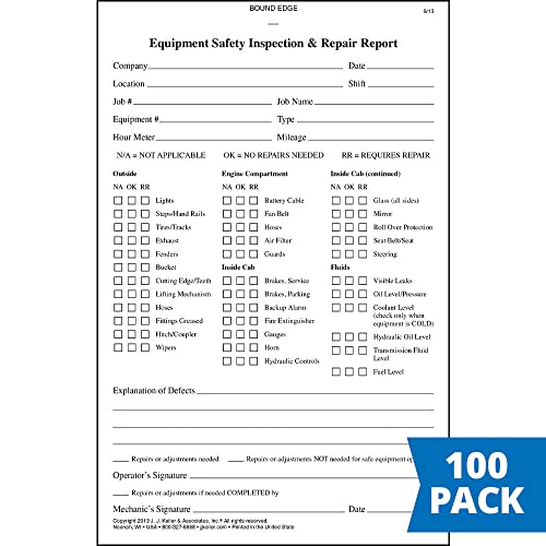 Equipment Safety Inspection Report 100-pk. - Book Format, 2-Ply, Carbonless, 5.5" x 8.5", 31 Sets of Forms Per Book - Detailed Report Helps Maintain Safe Workplace Utility Vehicles - J. J. Keller