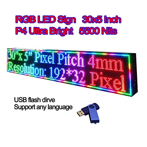P4 Ultra Bright 5500Nits 30" x 5" 192 x 32 Pixels Full Color Semi Outdoor LED Sign RGB LED Display Programmable Scrolling Message Board for Window